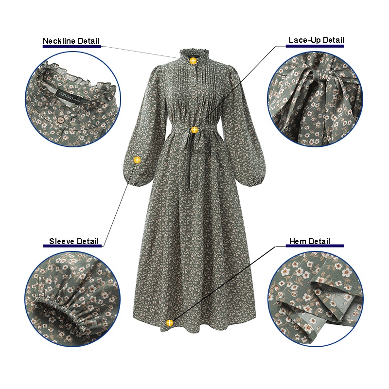 Đầm dài Zanzea tay phồng cổ tròn in họa tiết hoa phong cách cổ điển dành cho nữ