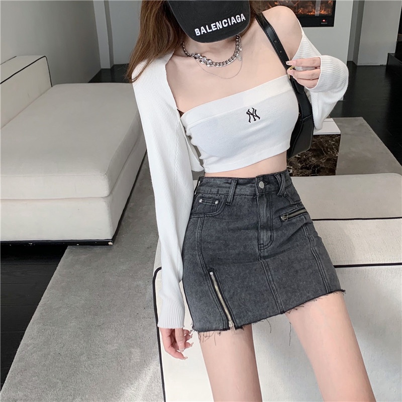 Chân Váy Denim Chữ A Lưng Cao Có Khóa Kéo Thời Trang Mùa Hè Phong Cách Trung Hoa
