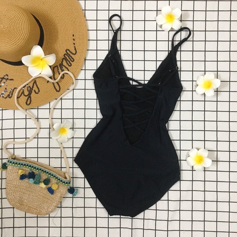 Đồ bơi Bikini liền mảnh màu đen khoét ngực đan chéo lưng sexy (vải thun gân cao cấp)