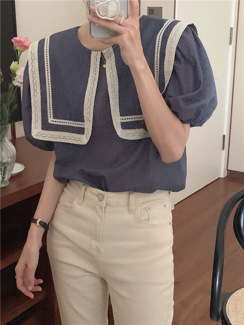 Áo Sơ Mi Kẻ Sọc Ngắn Tay Cổ Bẻ Phối Ren Cỡ Lớn Phong Cách Retro 53588