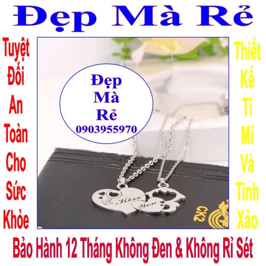 Dây chuyền cặp màu trắng 2 mảnh ghép trái tim và cậu bé tình yêu kết hợp chữ KISS YOU (2 dây)