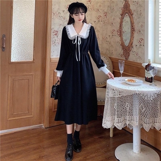 Korean style baby collar French style knee length long sleeve dress for women's autumn new style waist closing skirt