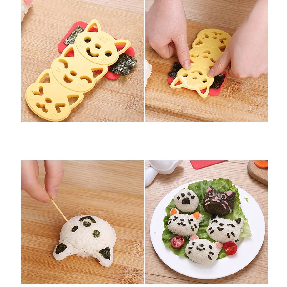 Bộ khuôn ép cơm bento mèo onirigi kèm tấm cắt rong biển hàng xuất Nhật