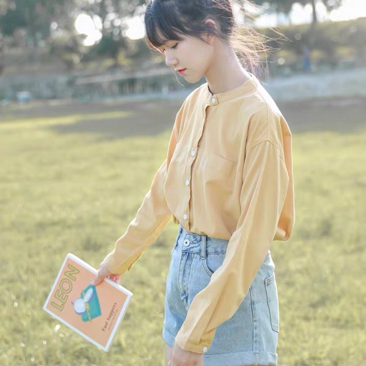 Áo sơ mi nữ cổ tầu form rộng chất thô cotton mềm mát, thời trang phong cách trẻ.
