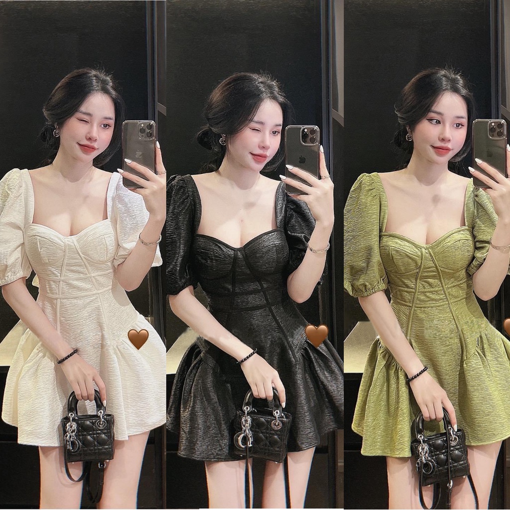 Đầm Nữ Dự Tiệc Dáng Xòe Cổ Vuông Tay Phồng Ngắn Bo Eo, Váy Thiết Kế Sang Chảnh, Vải Gấm Xịn, Màu Trắng Đen Xanh