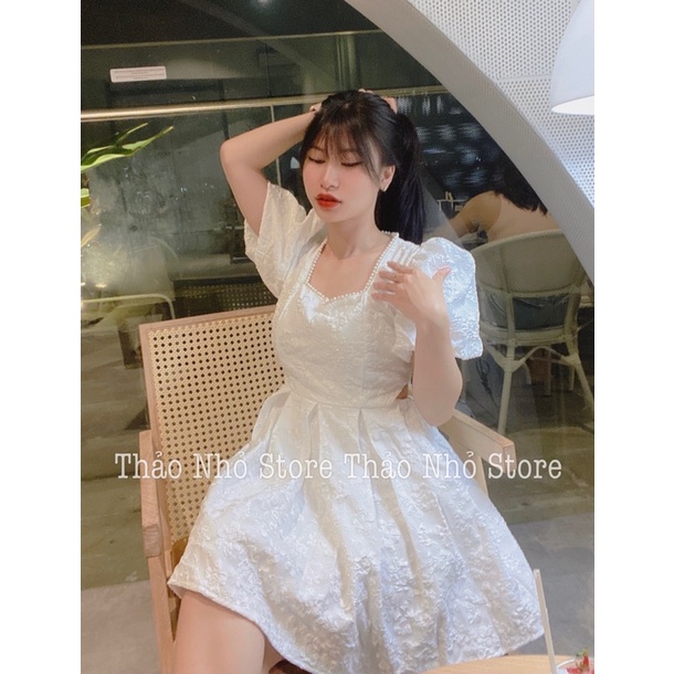 (SẴN) váy gấm cổ đính ngọc tay phồng khoét eo form xoè (hình thật shop Thảo Nhỏ Store chụp )