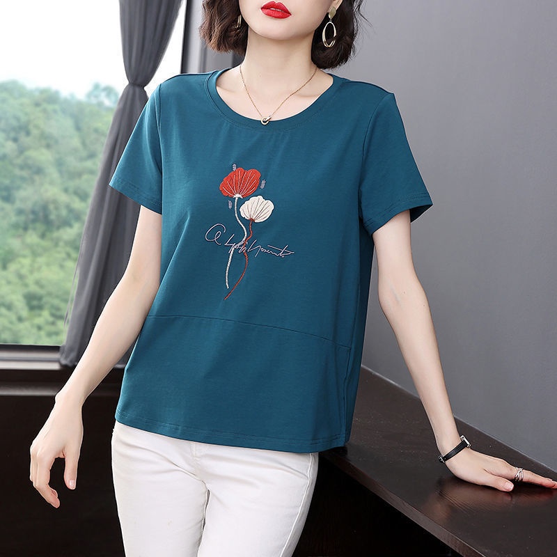 Áo Thun cotton Ngắn Tay Thêu Họa Tiết Thời Trang Cho Nữ Trung Niên