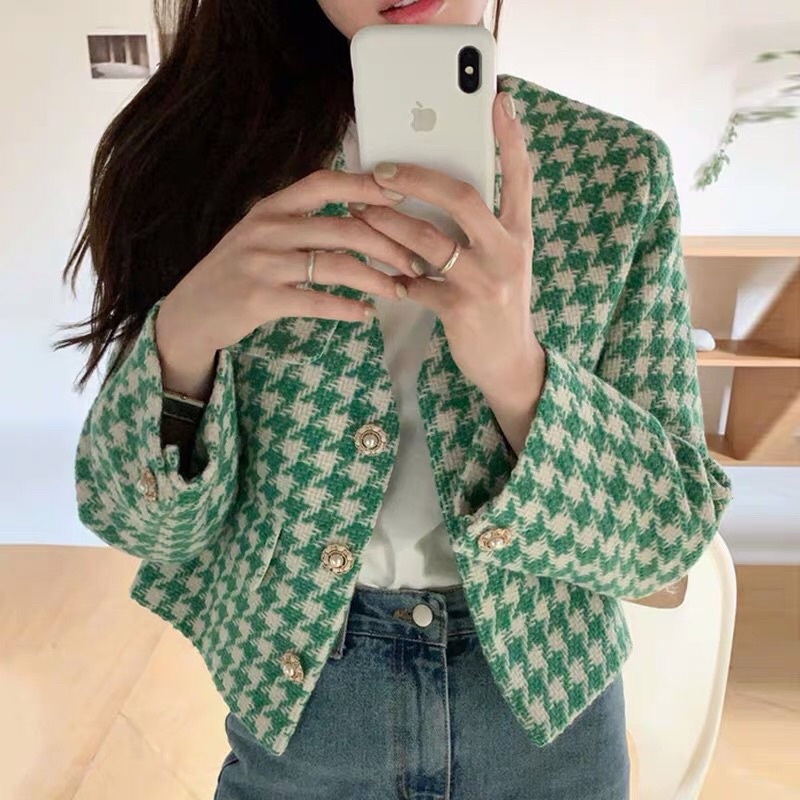 Áo dạ sweet kẻ  dáng dạ Hàn Quốc