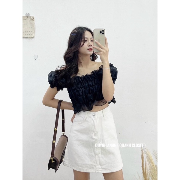 Áo tơ kính chun trễ vai dáng croptop AK91208 - NhiNhi Shop