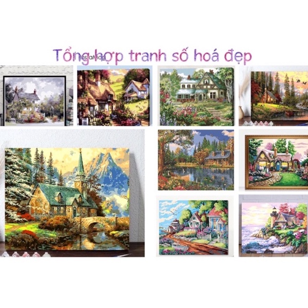 Sẵn Tranh số hoá Phong Cảnh ngôi nhà Lâu Đài Trong Rừng đẹp lạ nhất, Tranh đã căng sẵn khung kt: 40x50cm