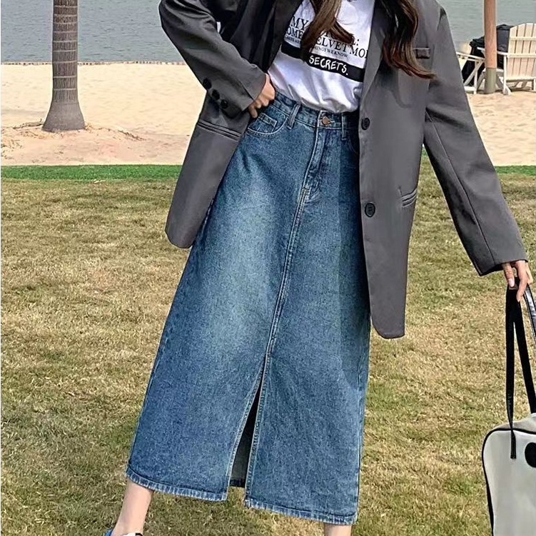 Chân Váy Jean Chữ A Lưng Cao Xẻ Tà Plus Size Thời Trang Mùa Hè Phong Cách Hàn Quốc Cho Nữ