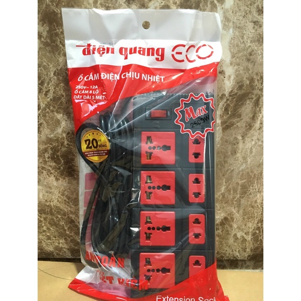 Ổ Cắm Điện Quang, 8 lỗ, có công tắc, ~2500W, dây dài 2m/5m, mã ĐQ ESK 8ECO màu đỏ đen,