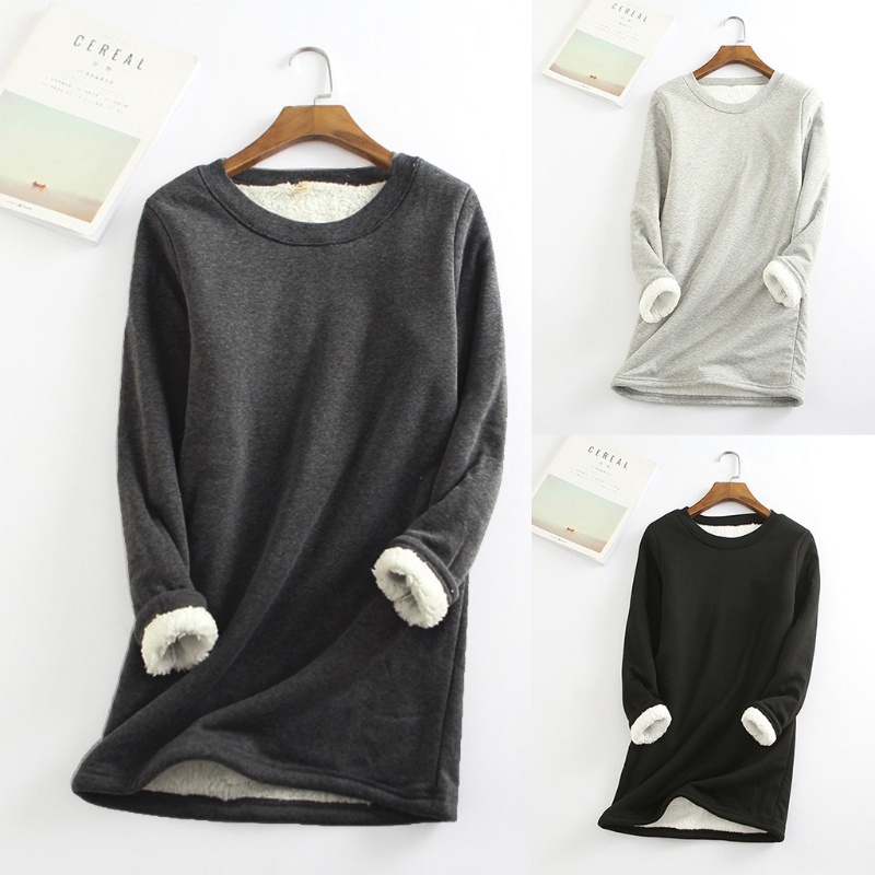 Áo Nỉ Giả Lông Cừu Tay Dài Cổ Tròn Giữ Nhiệt Thời Trang Cho Nữ