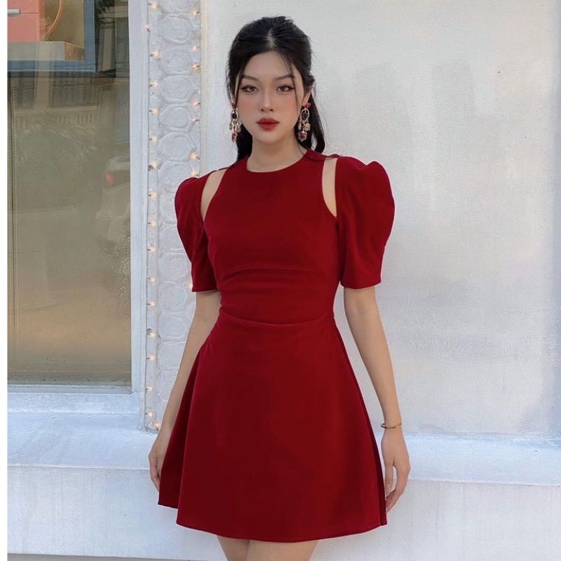 Đầm đỏ mặc Tết, đầm chất nhung tay bồng khoét vai 2 màu xinh xắn Danie Dress