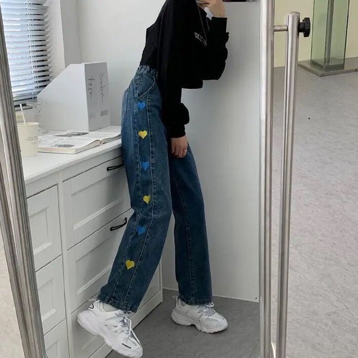 Jiashucheng Quần Jean Nữ Lưng Cao Ống Rộng Thêu Hình Trái Tim Dễ Phối Đồ Thời Trang Xuân Thu