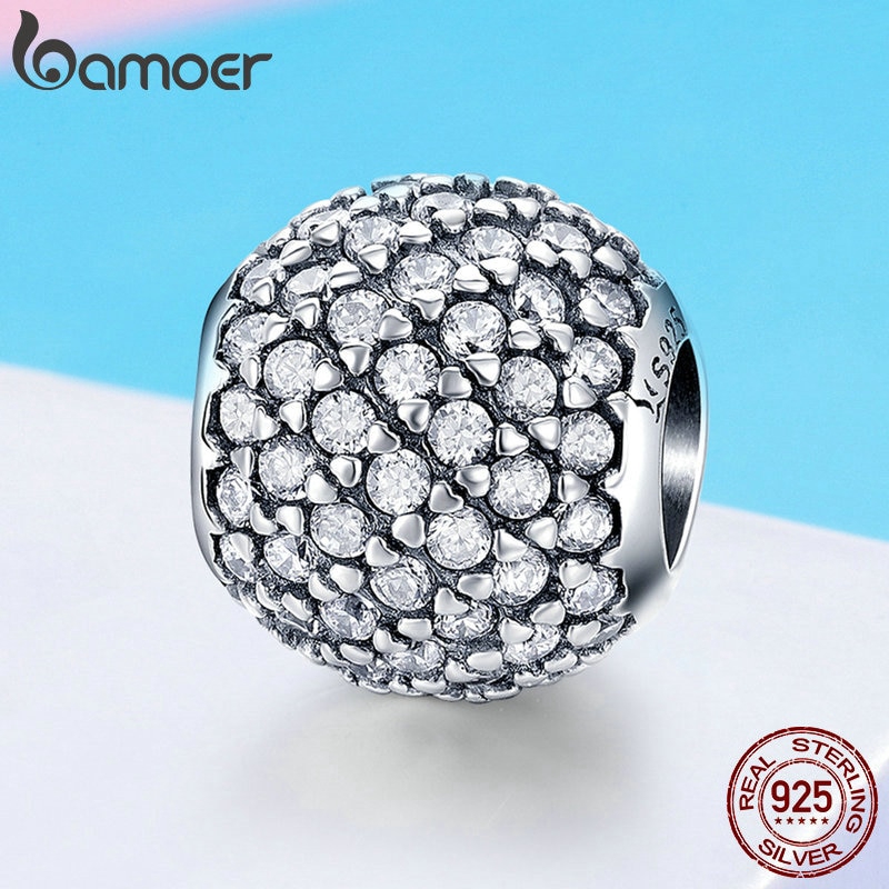 Hạt trang sức Bamoer SCC733 bằng bạc 925 hình tròn đính pha lê CZ làm trang sức cho nữ