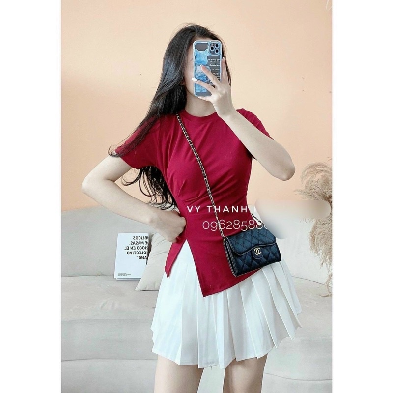 Áo thun kiểu lệch vạt xẻ trước, Áo kiểu dáng ôm ngắn tay co giãn AT5508 - NhiNhi Shop