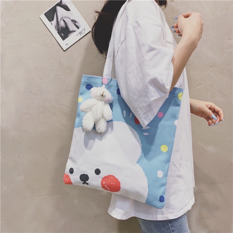 Túi vải tote hoạt hình gấu Ulzzang xinh xắn