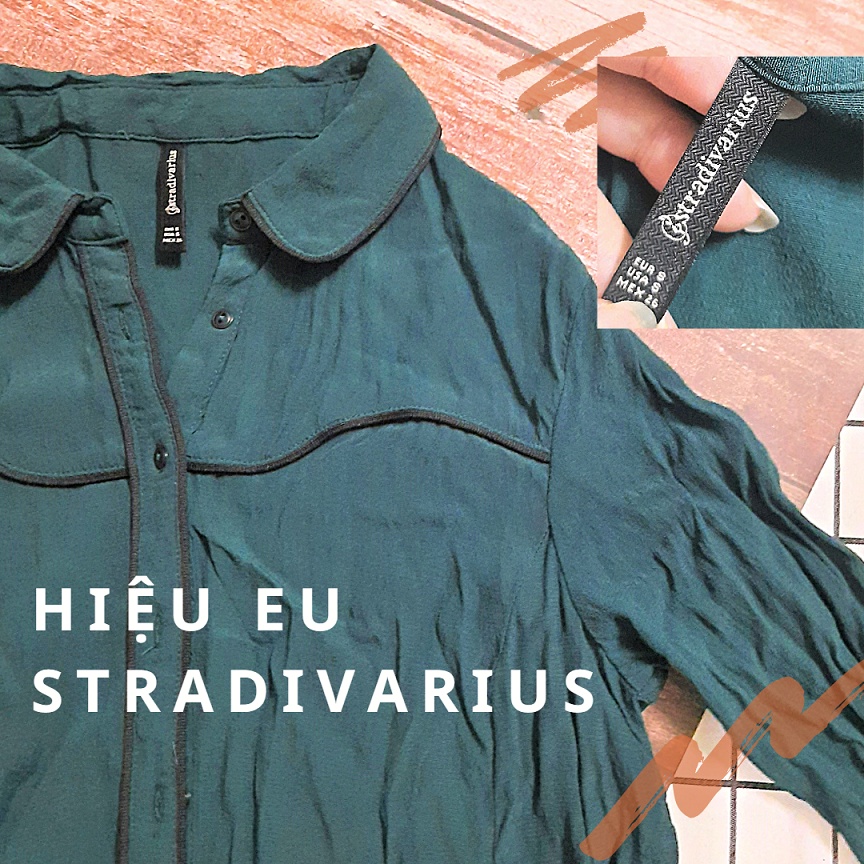 áo sơ mi voan xanh lá EU hiệu Stradivarius vạt lệch tay dài size S- Thanh lý áo sơ mi voan màu xanh dài tay-Lá2-A