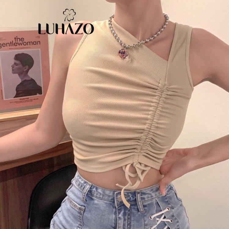 Áo croptop nữ  LUHAZO  len dệt kim  kiểu dây rút chéo không tay sexy quyến rũ mẫu mới 2022 DK5T401
