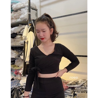 Áo croptop tay dài cổ V thắt nơ xinh xắn