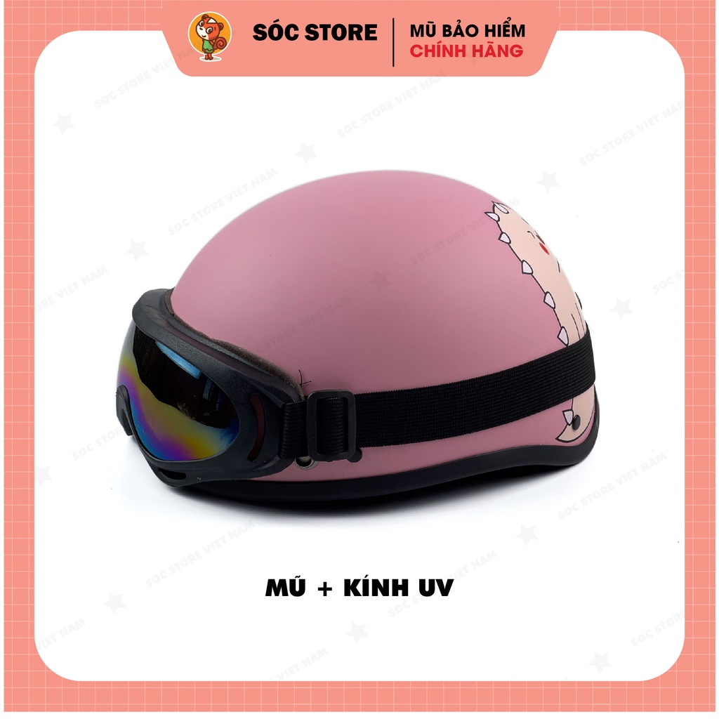 Mũ bảo hiểm nửa đầu 1/2 in hình Khủng long hồng kính phi công Sóc Store Vietnam, nón bảo hiểm 1/2 khủng long màu hồng