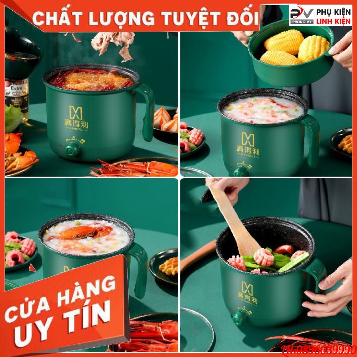 Nồi lẩu mini đa năng 2 tầng ca nấu mì điện núm xoay 2 nấc nhiệt kèm giá hấp 1,8L SHANBAN