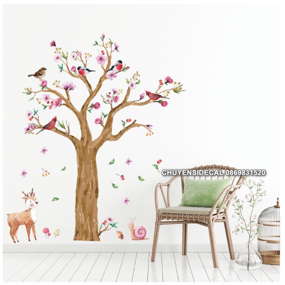 decal dán tường - Cây Hồng nhạt dịu dàng ( 2 tấm )