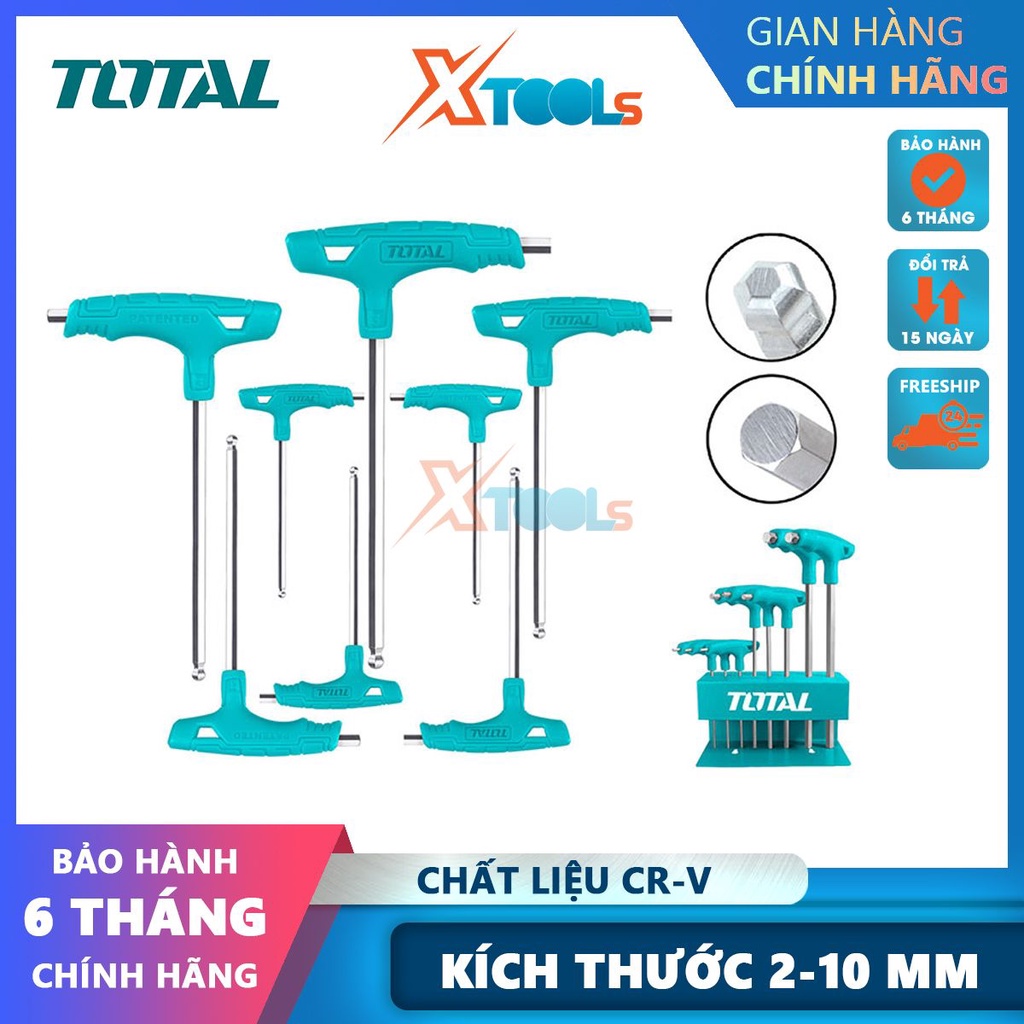Bộ 8 chìa vặn lục giác tròn tay cầm T TOTAL THHW80826, chất liệu: Cr-V, xử lý nhiệt và mạ chrome -CHÍNH HÃNG-XTOOLS