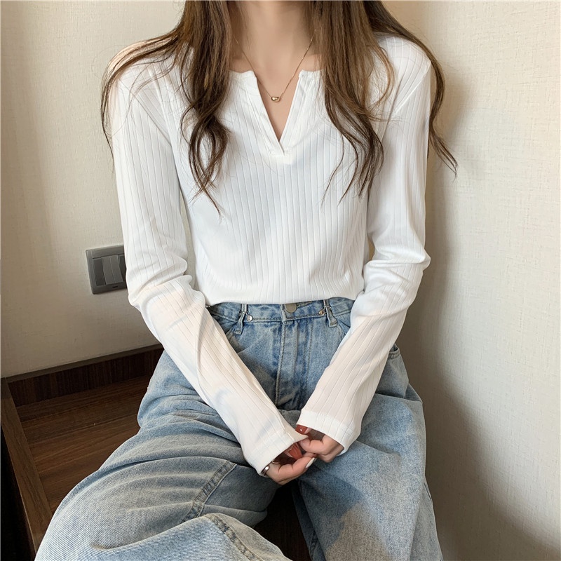 Áo SUXI tay dài cổ chữ V màu sắc đơn giản phong cách vintage