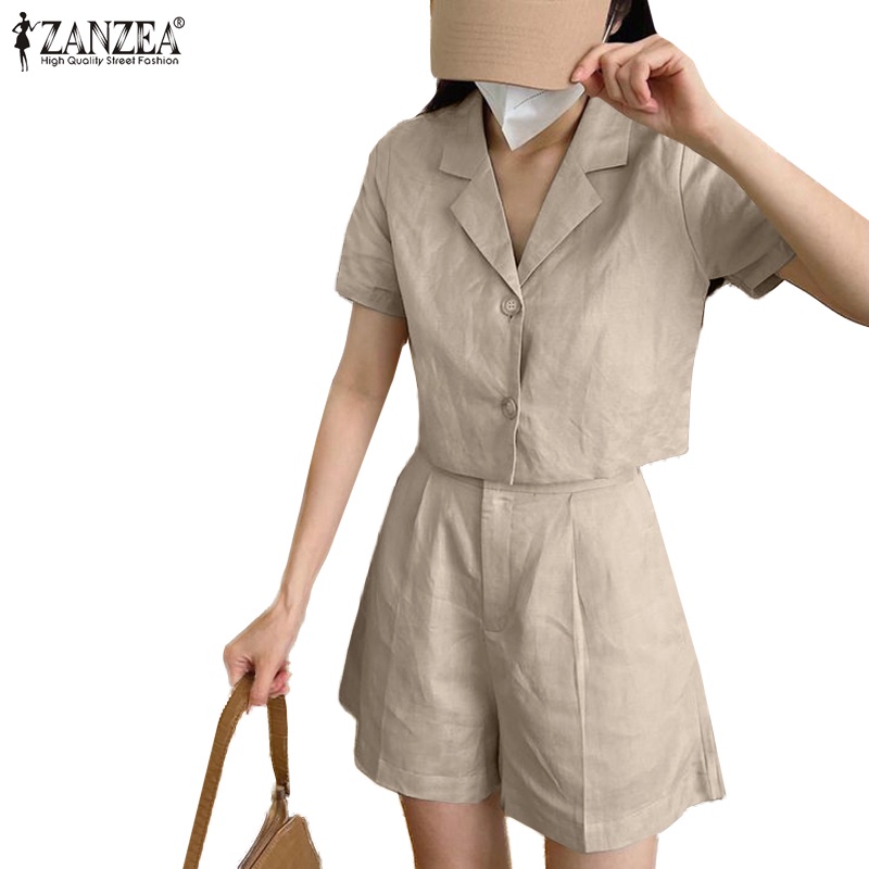 Set áo ngắn tay cổ bẻ + quần short ZANZEA thời trang cho nữ