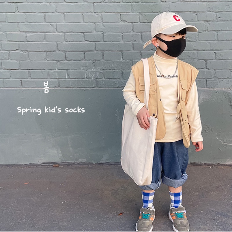 Set 3 đôi tất KokoroCare MS-38 từ cotton xanh dương kẻ caro ống cao trung bình xuân hè 2022 S/M/L cho bé 1-8 tuổi