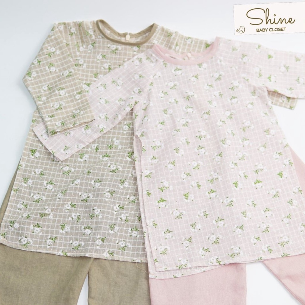 Set Áo dài bé gái hoa xinh xắn kèm quần áo dài chất vải Xô mix Linen cho bé gái từ 9 tháng đến 3 tuổi Shine Baby Closet