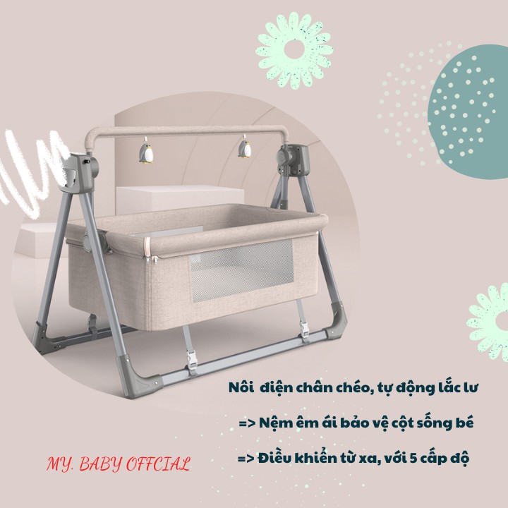 Nôi điện cho bé có gối chặn hông chống giật mình,Nôi cho bé có điều khiển thông minh từ xa kèm màn- Kiwi.baby.shop