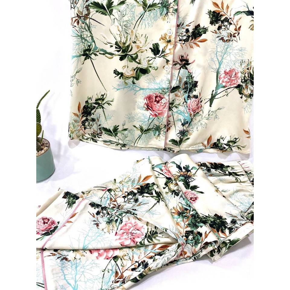 JAPAN SILK - Bộ cộc pijama lụa Nhật họa tiết hoa hồng nền trắng sang chảnh