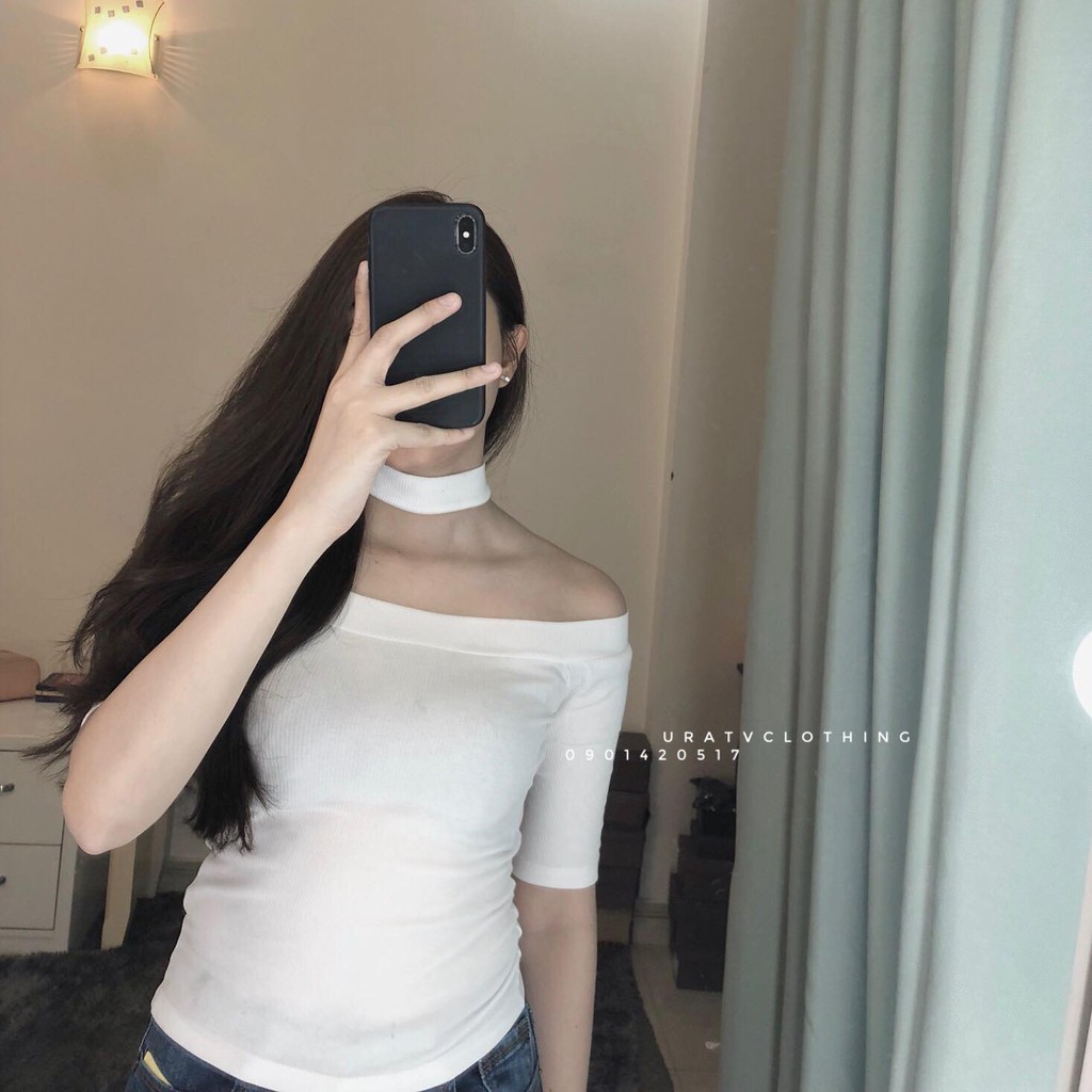 [FREESHIP - ẢNH THẬT] Áo thun gân CHOKER BẸT VAI tay lửng