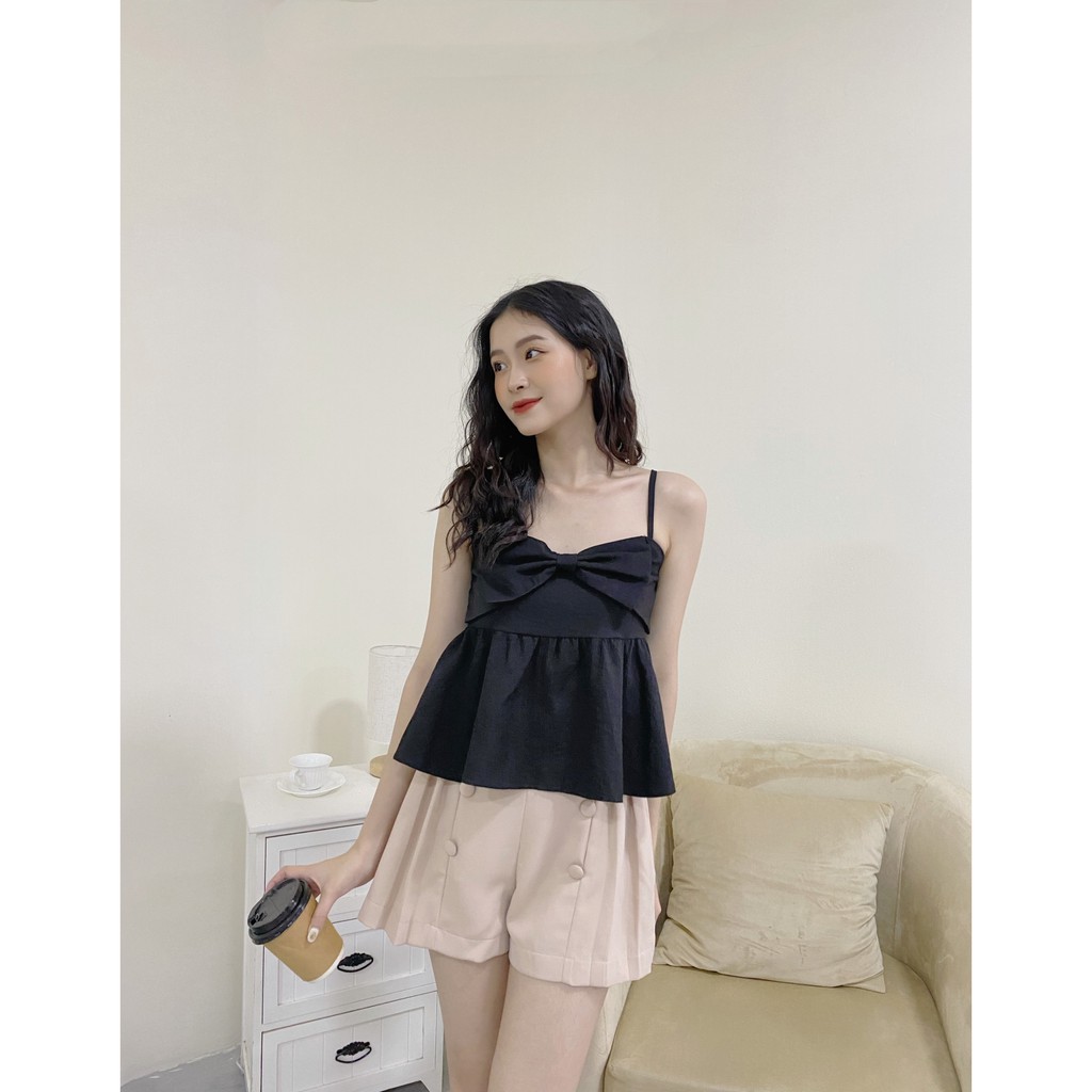 YU CHERRY | Áo hai dây nữ điểm nơ trước ngực, Linen Cami Bow Top YA382