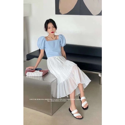 Áo Tay Bồng Tiểu Thư Cổ Vuông Nữ Màu Xanh Bơ Đen Trắng Chất Len Mongtoghi Dệt Kim Style Hàn Quốc Nữ Tính Mặc Đi Làm