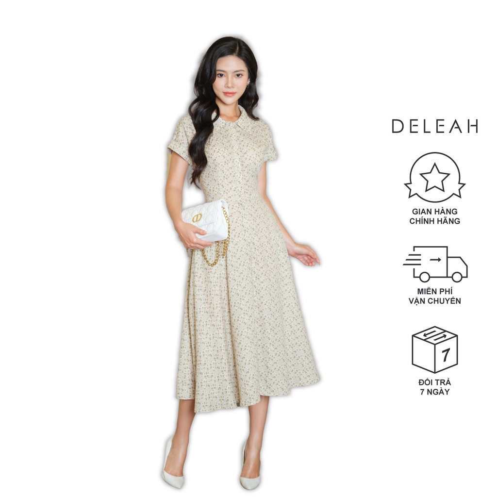 Đầm liền thân xoè tay lơ vê De Leah hoạ tiết hoa cúc nhí nữ tính nhưng không kém phần thanh lịch