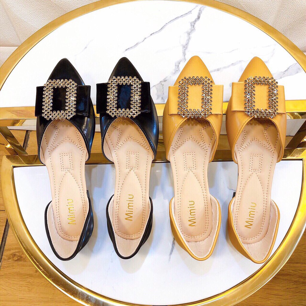 Giày búp bê nữ thời trang, sục nữ mang êm chân da bóng mũi nhọn chuẩn size từ 35-40 gót cao 2p màu vàng | BigBuy360 - bigbuy360.vn