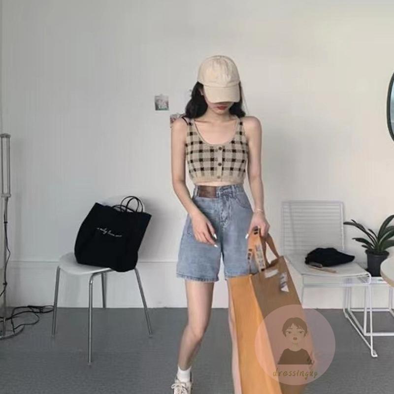 Áo Tank Top Không Tay Hở Lưng Dệt Kim Họa Tiết Sọc Caro Phong Cách Vintage Cho Nữ