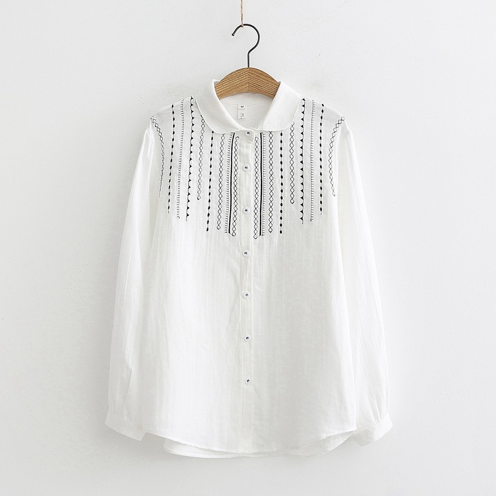 Áo SƠ MI TRẮNG  vải xô thêu hoa văn Nữ  maicuteshop