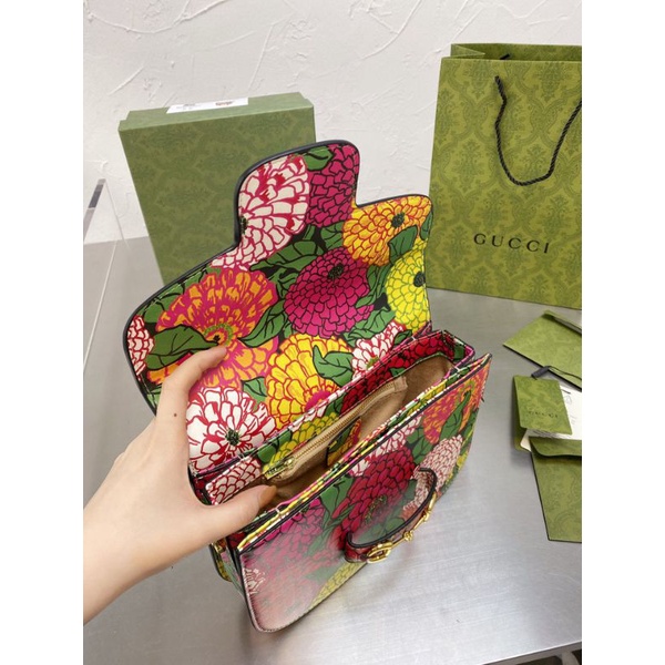 Túi Guccii Horsebit hoa lá đỏ trắng siêu đẹp