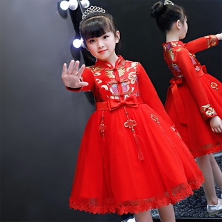 Nóng Cô Gái Đầm Mùa Thu Và Mùa Đông Trung Quốc Phong Cách Trẻ Em Mùa Đông Váy Công Chúa Sang Trọng Sườn Xám Đỏ Tết Váy