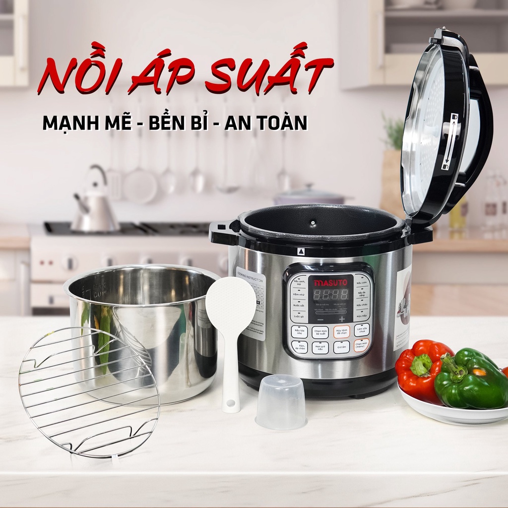 Nồi áp suất điện Masuto 6L van xả đôi tự động điều khiển cảm ứng 1 chạm phiên bản nâng cấp 2022 TẶNG VOUCHER 100K