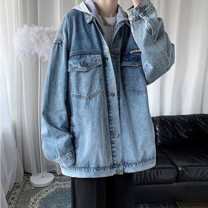 Áo Khoác Denim Có Mũ Trùm Dáng Rộng Phong Cách Hàn Quốc Harajuku Mùa Hè Cho Nam TF1