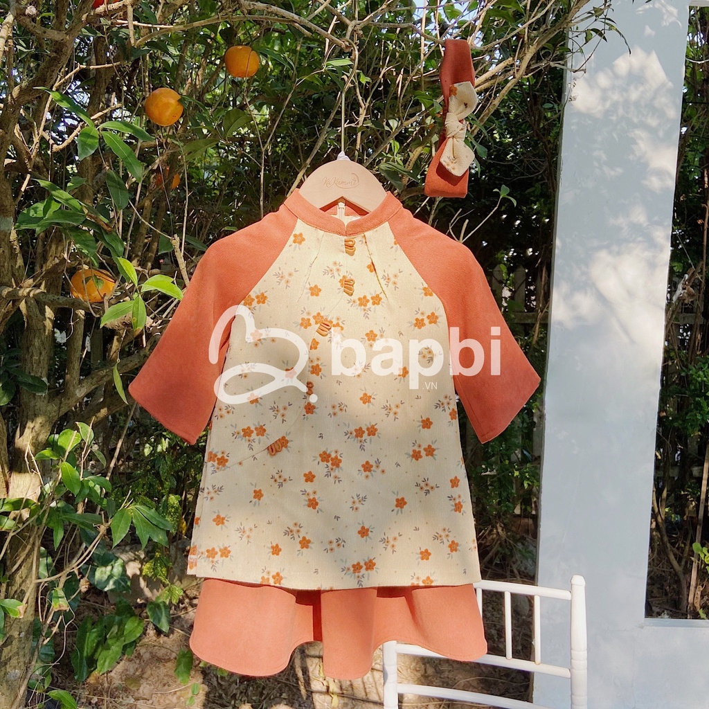 Set Áo Dài Cách Tân Cho Bé Trai Bé Gái Họa Tiết Hoa Nhí Màu Cam Đất Size Từ 8-28kg