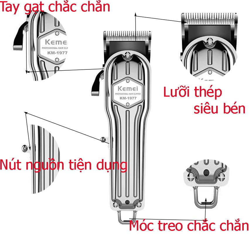 Tông đơ cắt tóc Kemei Km- 1977 sang trọng tinh tế công suất 8w sạc 3 giờ sử dụng 300 phút  bảo hành 1 năm