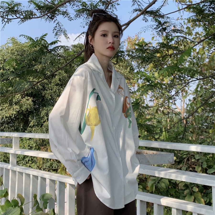 Áo Sơ Mi Nữ Tay Dài Dáng Rộng Cổ Polo In Họa Tiết Phong Cách Hàn Quốc