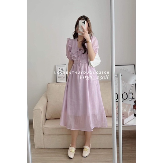 [HÀNG SẴN]VÁY TƠ CỔ BÈO VUÔNG THẮT NƠ DÁNG MIDI TIỂU THƯ